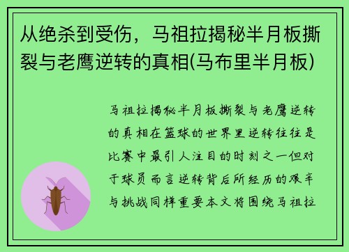 从绝杀到受伤，马祖拉揭秘半月板撕裂与老鹰逆转的真相(马布里半月板)